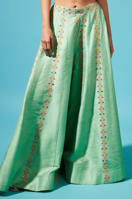 Chamee And Palak_Blue Bustier And Pants Raw Silk, Jacket Georgette Embroidered Cape & Palazzo Set_at_Aza_Fashions