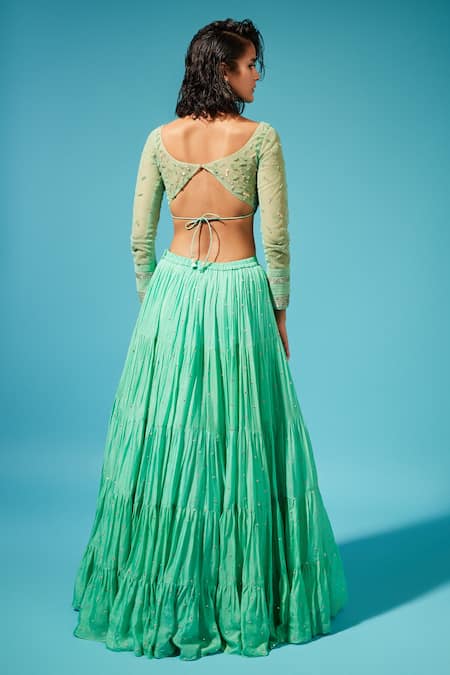 Shop_Chamee And Palak_Green Blouse Silk, Dupatta Tulle, Lehenga Georgette Sequin Embroidered Set _at_Aza_Fashions