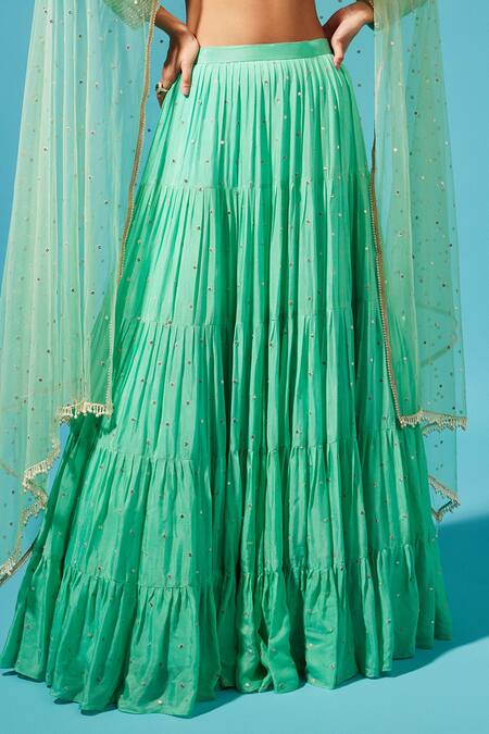 Buy_Chamee And Palak_Green Blouse Silk, Dupatta Tulle, Lehenga Georgette Sequin Embroidered Set _Online_at_Aza_Fashions
