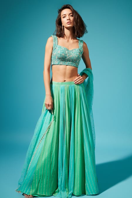 Chamee and Palak Green Lehenga Georgette Embroidered Leaf Neck Set  