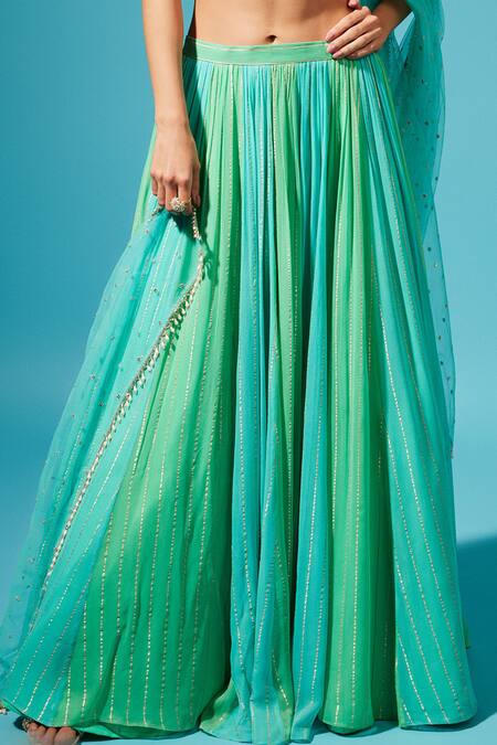 Buy_Chamee And Palak_Green Blouse Silk, Dupatta Tulle, Lehenga Georgette Leaf Embroidered Set_Online_at_Aza_Fashions