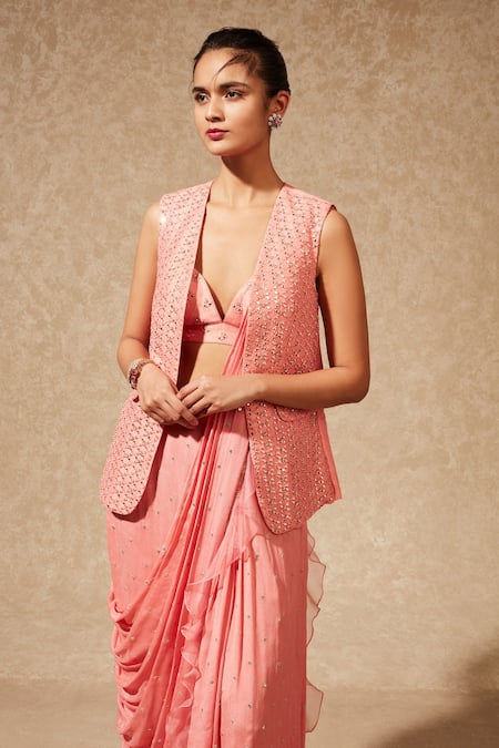 Buy_Chamee And Palak_Peach Blouse And Jacket Raw Silk, Saree Georgette Pre-draped Ruffle With_Online_at_Aza_Fashions