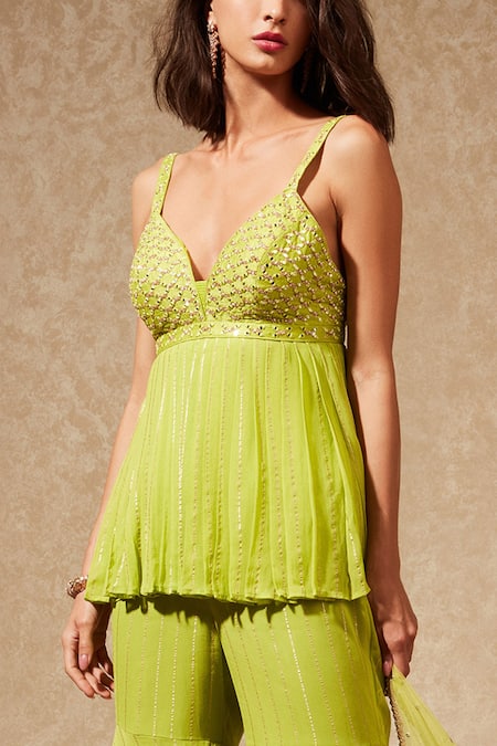 Chamee And Palak_Green Dupatta Tulle, Kurta Silk And Georgette, Palazzo Embroidered Sharara Set_Online_at_Aza_Fashions