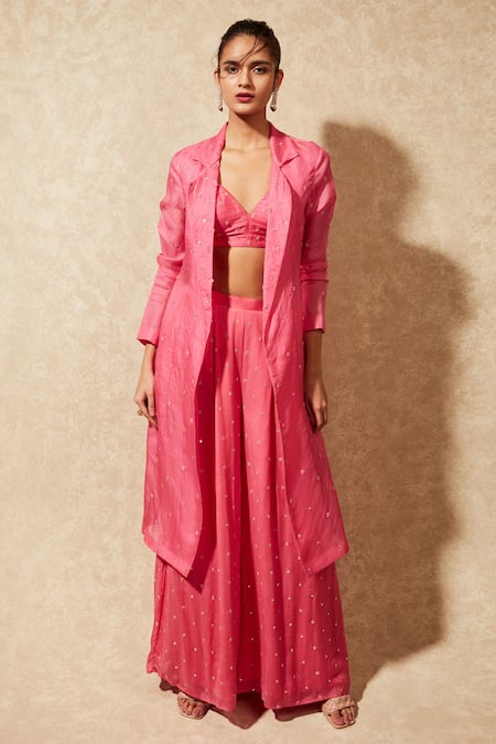 Chamee and Palak Pink Pant Georgette Embroidered Jacket Notched Trench Coat And Set  