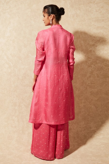 Shop_Chamee And Palak_Pink Bustier Silk, Jacket Organza, Pant Embroidered Trench Coat And Set _at_Aza_Fashions
