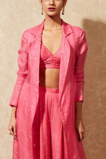 Chamee And Palak_Pink Bustier Silk, Jacket Organza, Pant Embroidered Trench Coat And Set _Online_at_Aza_Fashions