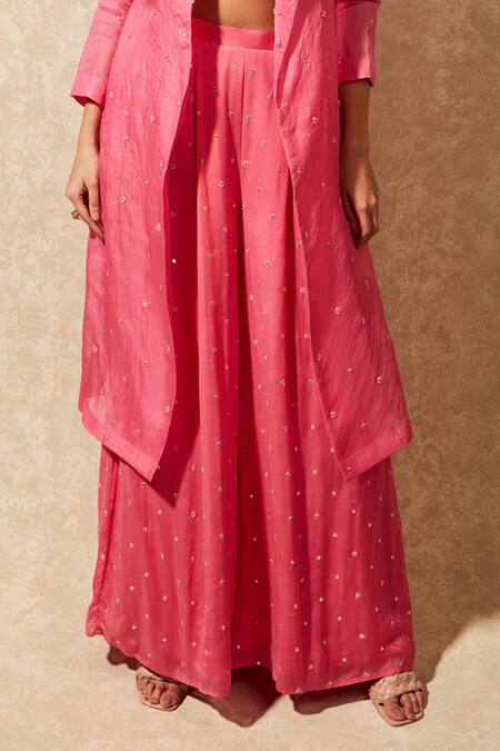 Buy_Chamee And Palak_Pink Bustier Silk, Jacket Organza, Pant Embroidered Trench Coat And Set _Online_at_Aza_Fashions
