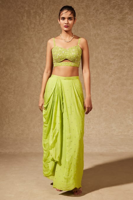 Chamee And Palak_Green Blouse Silk, Lehenga And Jacket Georgette Embroidered & Draped Skirt Set_Online_at_Aza_Fashions