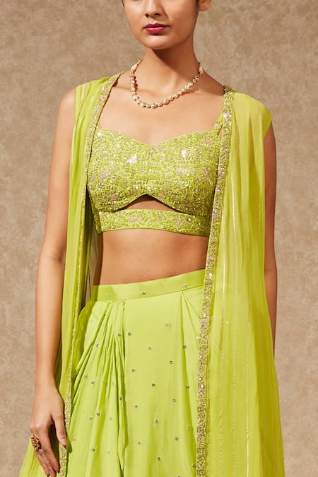 Buy_Chamee And Palak_Green Blouse Silk, Lehenga And Jacket Georgette Embroidered & Draped Skirt Set_Online_at_Aza_Fashions