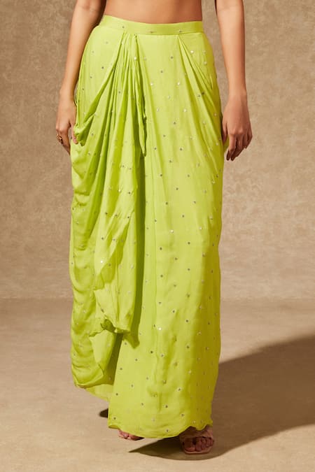 Shop_Chamee And Palak_Green Blouse Silk, Lehenga And Jacket Georgette Embroidered & Draped Skirt Set_Online_at_Aza_Fashions