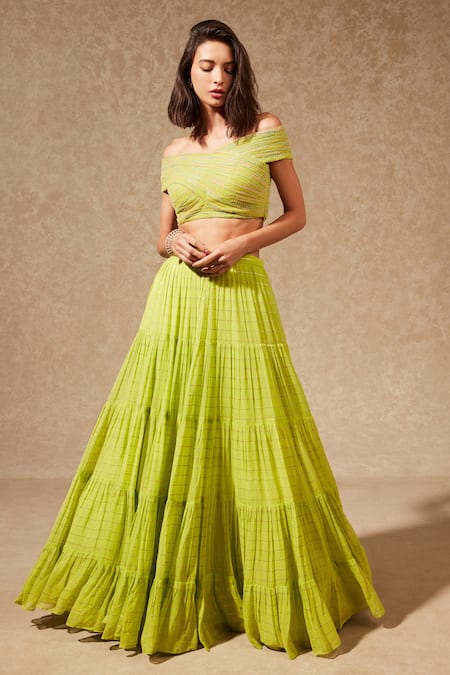 Chamee and Palak Green Lehenga Georgette Embroidered Stripes Carmen With Blouse  