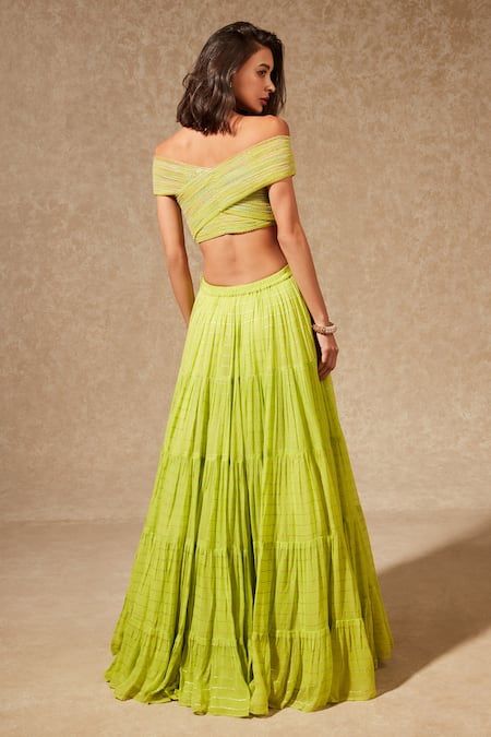 Shop Chamee And Palak Green Lehenga Georgette, Top Tulle Stripes Carmen With Blouse at Aza Fashions Shop_Chamee And Palak_Green Lehenga Georgette, Top Tulle Stripes Carmen With Blouse _at_Aza_Fashions