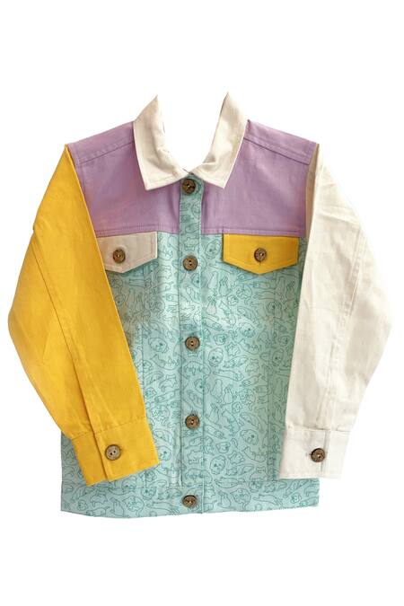 Miko Lolo Multi Color Organic Cotton Denim Print Cat-dog Unisex Blocked Jacket  3
