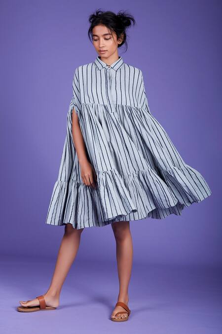 MATI_1_Blue Cotton Striped Cape Dress_Online_at_Aza_Fashions