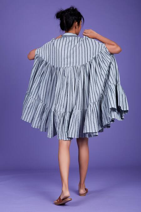 Shop_MATI_1_Blue Cotton Striped Cape Dress_at_Aza_Fashions