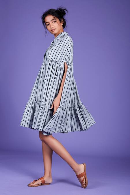 Buy_MATI_1_Blue Cotton Striped Cape Dress_Online_at_Aza_Fashions