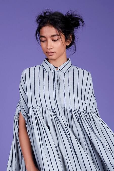 MATI_1_Blue Cotton Striped Cape Dress_at_Aza_Fashions