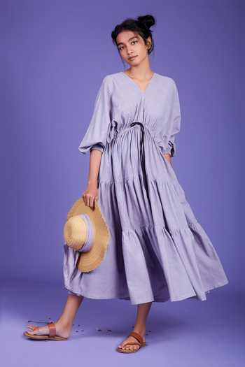 MATI_Purple Handwoven Cotton Striped Dress_Online_at_Aza_Fashions