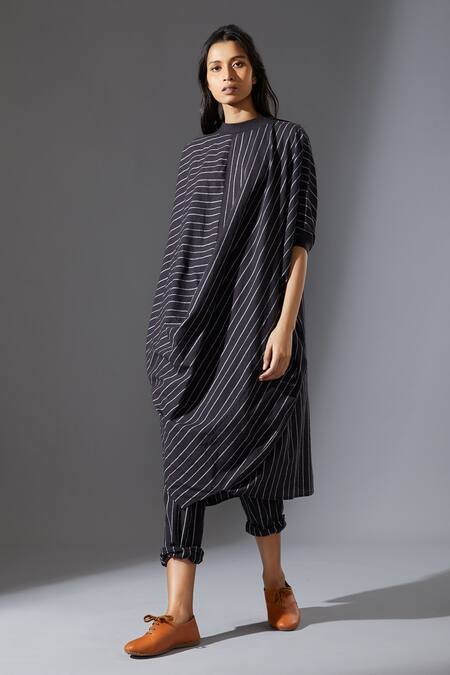 MATI_Black Cotton Handwoven Striped Cowl Tunic_Online_at_Aza_Fashions