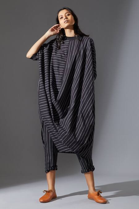 Buy_MATI_Black Cotton Handwoven Striped Cowl Tunic_Online_at_Aza_Fashions