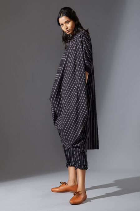 Shop_MATI_Black Cotton Handwoven Striped Cowl Tunic_Online_at_Aza_Fashions