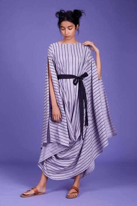 MATI_Purple Cotton Striped Cowl Dress_Online_at_Aza_Fashions