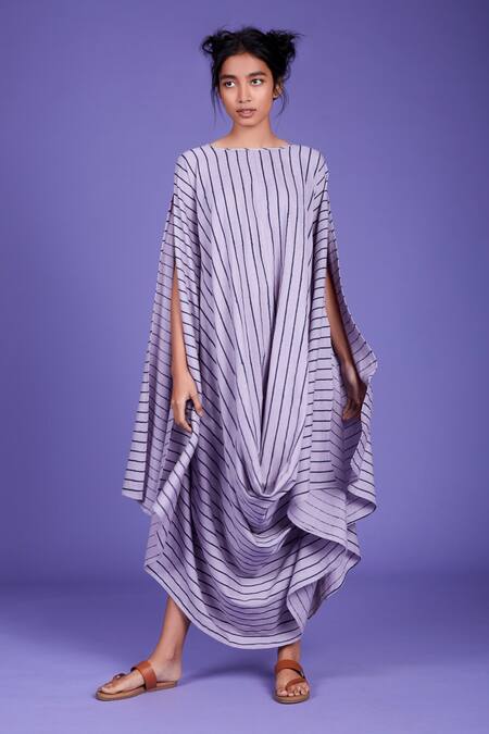 Shop_MATI_Purple Cotton Striped Cowl Dress_Online_at_Aza_Fashions