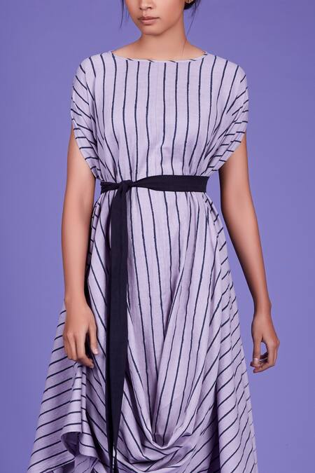 MATI_Purple Cotton Striped Cowl Dress_at_Aza_Fashions