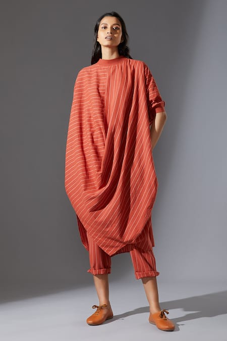 MATI Orange Cotton Handwoven Cowl Tunic And Pant Set 