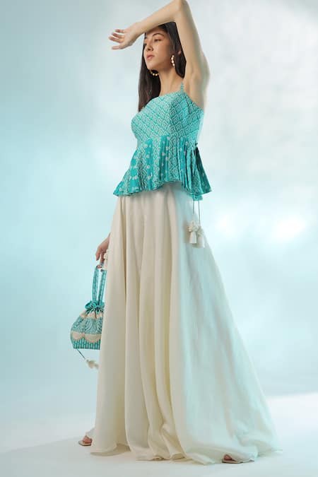 Mehak Talreja Couturre_Blue Chanderi Printed Square Neck Peplum And Palazzo Set_Online_at_Aza_Fashions