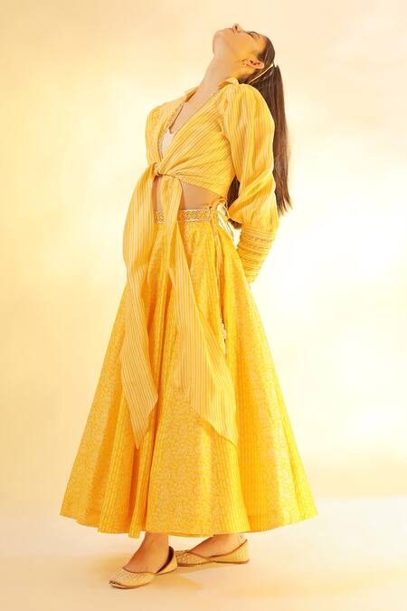 Mehak Talreja Couturre_Yellow Chanderi Blouse Chikan Floral Motifs V Lehenga With Tie-up Shirt Set_Online_at_Aza_Fashions