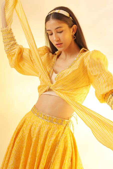 Buy_Mehak Talreja Couturre_Yellow Chanderi Blouse Chikan Floral Motifs V Lehenga With Tie-up Shirt Set_Online_at_Aza_Fashions