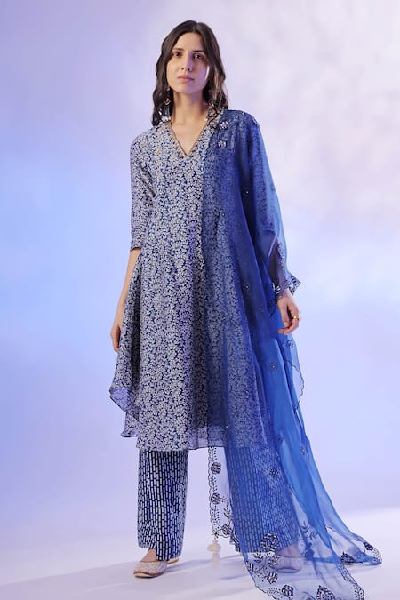 Shop Mehak Talreja Couturre Blue Chanderi Dupatta Organza Printed Floral Anarkali Palazzo Set at Aza Fashions Shop_Mehak Talreja Couturre_Blue Chanderi Dupatta Organza Printed Floral Anarkali Palazzo Set _at_Aza_Fashions