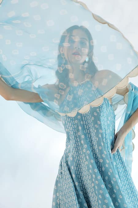 Shop_Mehak Talreja Couturre_Blue Chanderi Dupatta Organza Halter Neck Anarkali Set_Online_at_Aza_Fashions