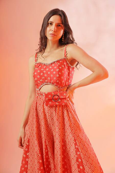 Mehak Talreja Couturre_Orange Chanderi Sweetheart Neck Printed Jumpsuit_Online_at_Aza_Fashions