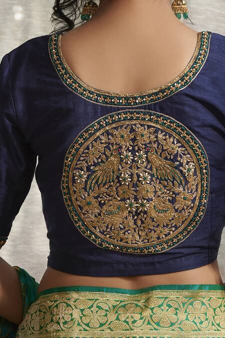 Buy_Weaver Story_Blue Raw Silk Floral, Zardozi Work Round Hand Embroidered Blouse _Online_at_Aza_Fashions