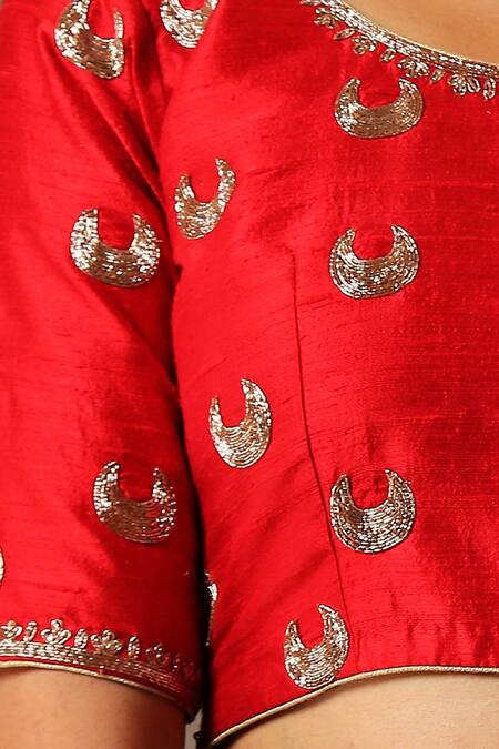 Weaver Story_Red Raw Silk Floral, Zardozi Work Round Hand Embroidered Blouse _Online_at_Aza_Fashions
