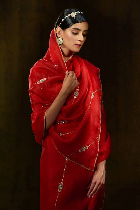Weaver Story Red Organza Floral, Zardozi Work Handloom Saree Online at Aza Fashions Weaver Story_Red Organza Floral, Zardozi Work Handloom Saree _Online_at_Aza_Fashions