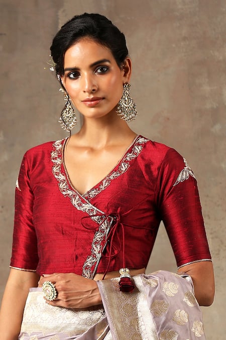 Weaver Story_Maroon Raw Silk Floral V Neck Hand Embroidered Angrakha Style Blouse _Online_at_Aza_Fashions