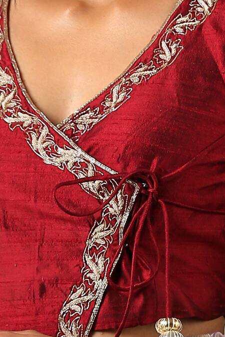 Buy_Weaver Story_Maroon Raw Silk Floral V Neck Hand Embroidered Angrakha Style Blouse _Online_at_Aza_Fashions