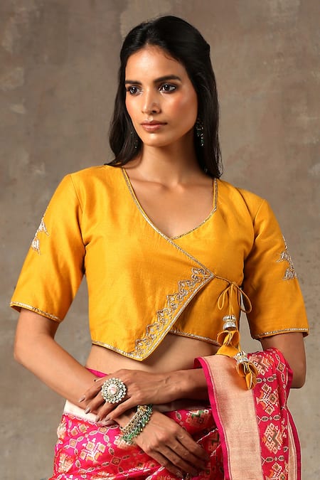 Weaver Story Yellow Muga Silk Hand Embroidered Floral V Neck Angrakha Style Blouse 