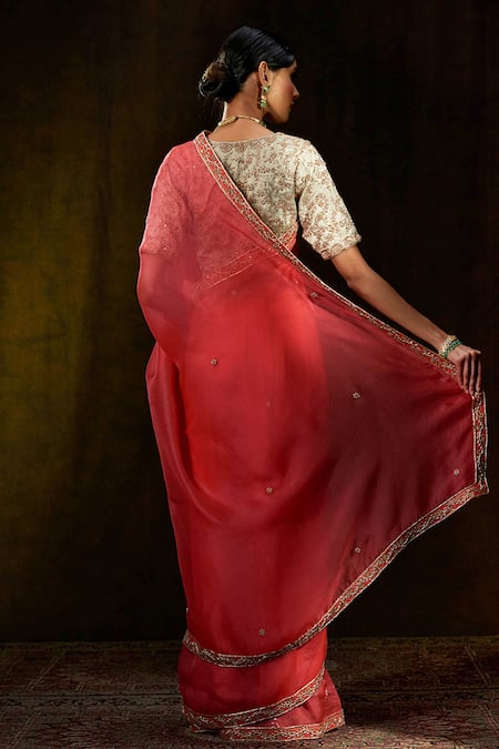 Shop_Weaver Story_Peach Organza Floral, Zardozi Work Handloom Saree _at_Aza_Fashions