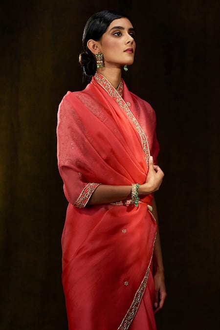 Weaver Story_Peach Organza Floral, Zardozi Work Handloom Saree _Online_at_Aza_Fashions