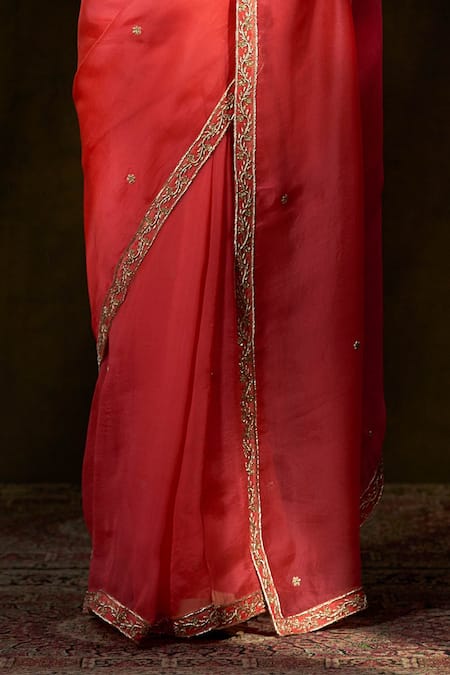 Buy_Weaver Story_Peach Organza Floral, Zardozi Work Handloom Saree _Online_at_Aza_Fashions