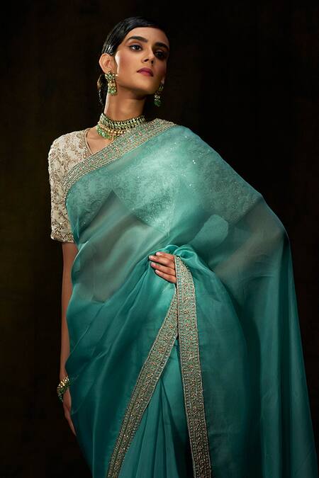 Weaver Story Blue Organza Floral, Zardozi Work Handloom Saree Online at Aza Fashions Weaver Story_Blue Organza Floral, Zardozi Work Handloom Saree _Online_at_Aza_Fashions