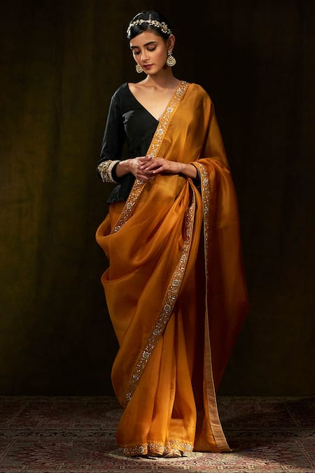 Handwoven Booti Yellow Embroidered Organza Silk Saree – The Weaves