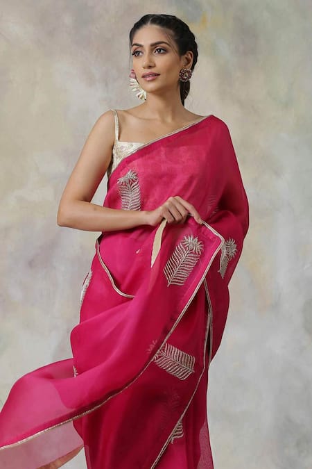 Weaver Story_Pink Organza Floral, Zardozi Booti Work Handloom Saree _Online_at_Aza_Fashions
