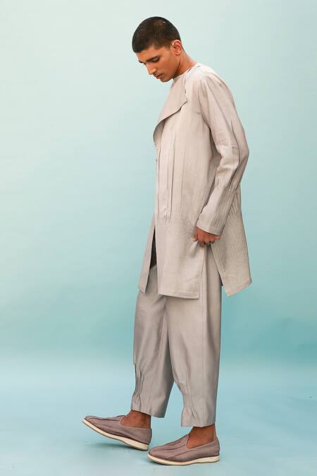 Antar Agni_Grey Cotton Silk Pintuck Pant _Online_at_Aza_Fashions