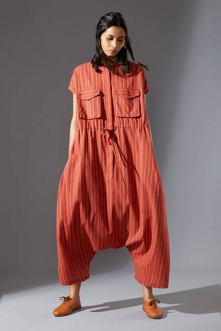 Buy_MATI_1_Orange Cotton Striped Jumpsuit_Online_at_Aza_Fashions
