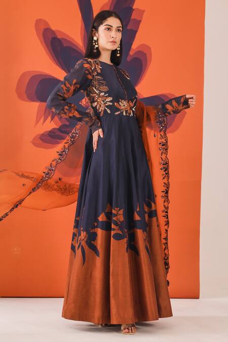 Mehak Talreja Couturre_Blue Chanderi, Dupatta Organza Floral Round Printed Anarkali With _Online_at_Aza_Fashions